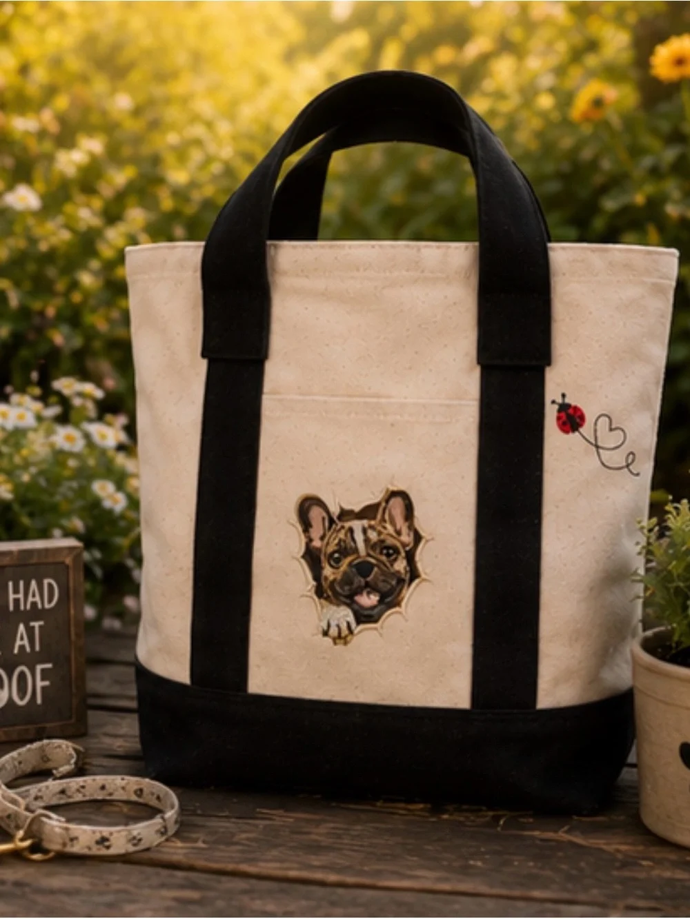 🐾 French Bulldog Embroidered Canvas Tote – Handmade | NEW